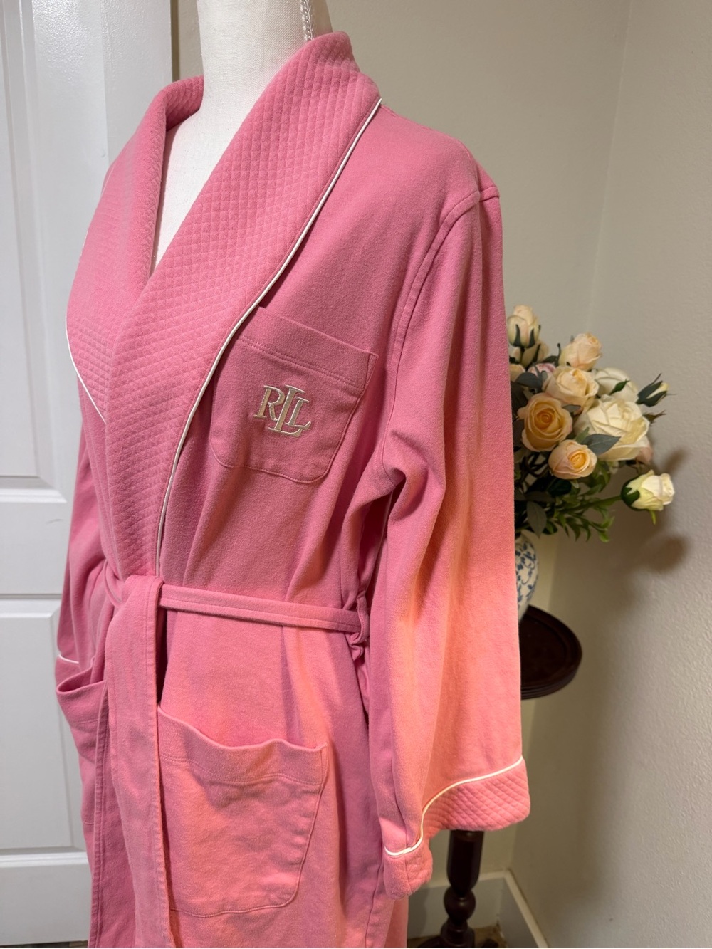 Ralph Lauren Pink Women's Robe with Monogram 100% Cotton Cute Night Sleepy